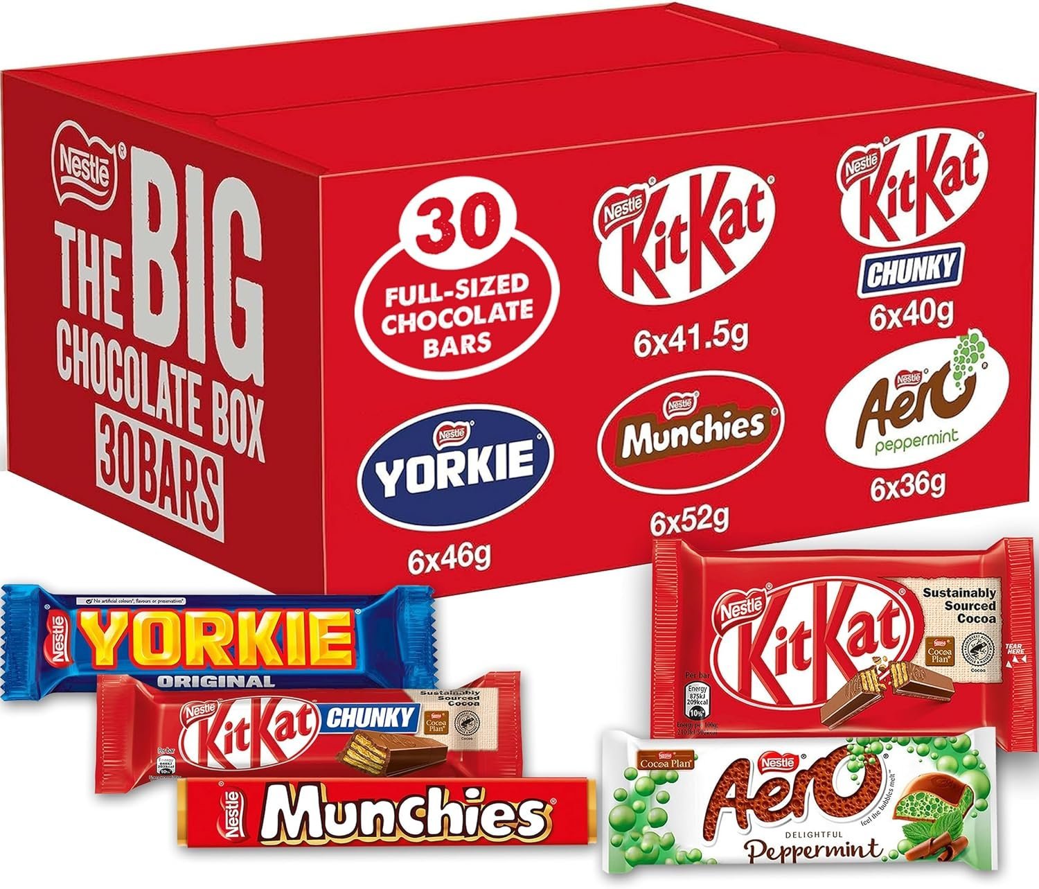 Nestlé Big Chocolate Box 30 Bars – Chocolate Bars Multipack, Assorted Chocolates Gift Box with KitKat, Aero, Yorkie & Munchies